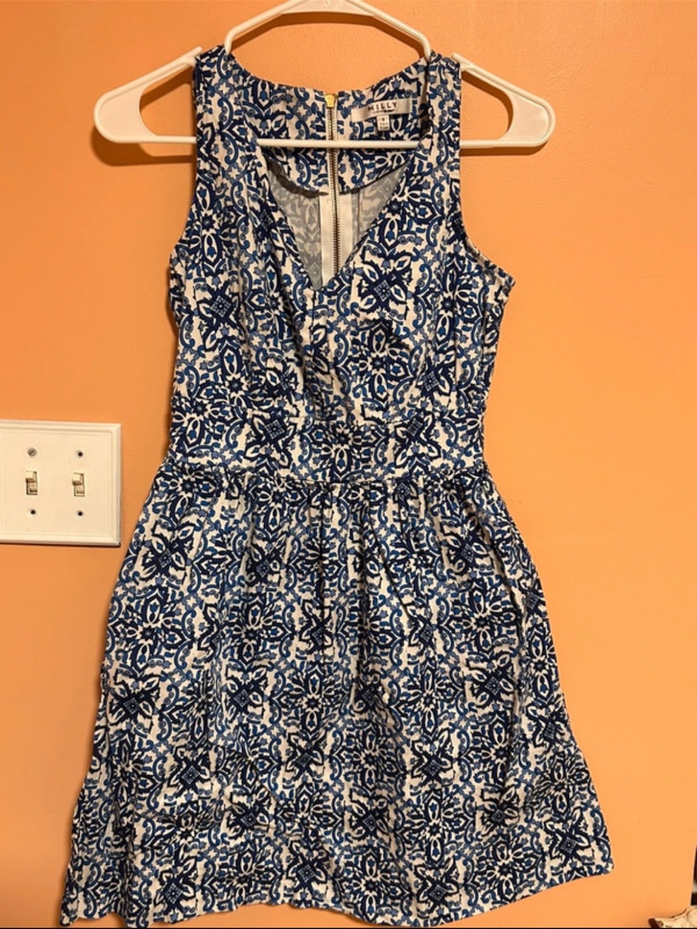 Milly Blue and White Printed V-Neck Sleeveless Mini Dress